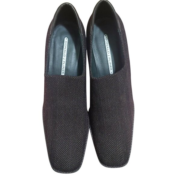 Donald J Pliner Womens 8.5M Brown Herringbone 3 Inch Heeled Loafers~Dark Brown - Picture 1 of 8